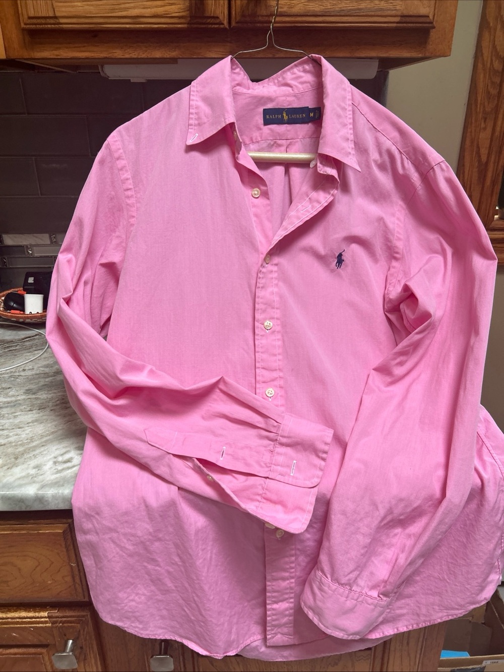Ralph Lauren Dress Shirt Mens M Pink Navy Pony Cotton Long Sleeve Button Up